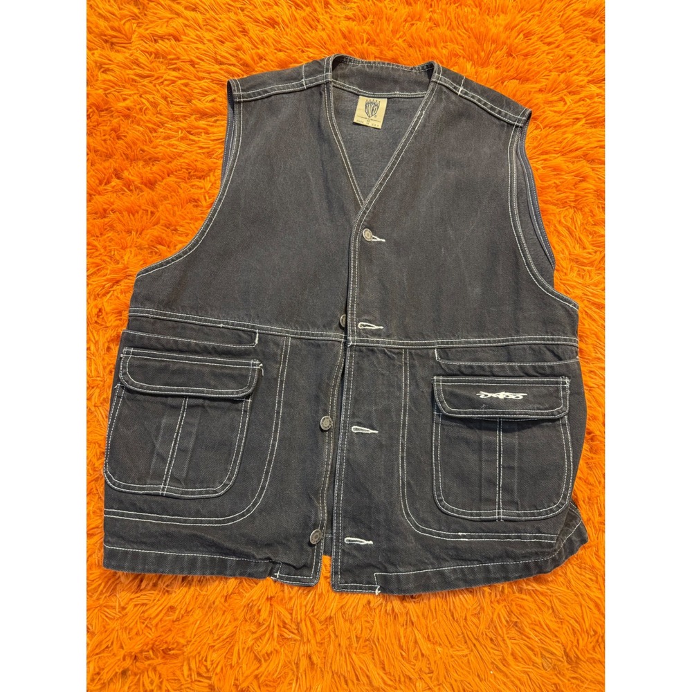 Vintage JNCO Jeans Black Denim Utility Vest White Contrast Stitch 90s Skater M
